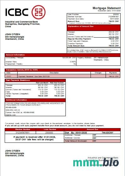 Chiny Bank ICBC wyciąg z kredytu hipotecznego szablon Word i PDF